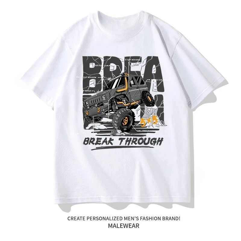 

100% Pure Cotton American Locomotive Style Retro Printing Short-sleeved Men's Trendy Brand Summer Top Men's T-shirt