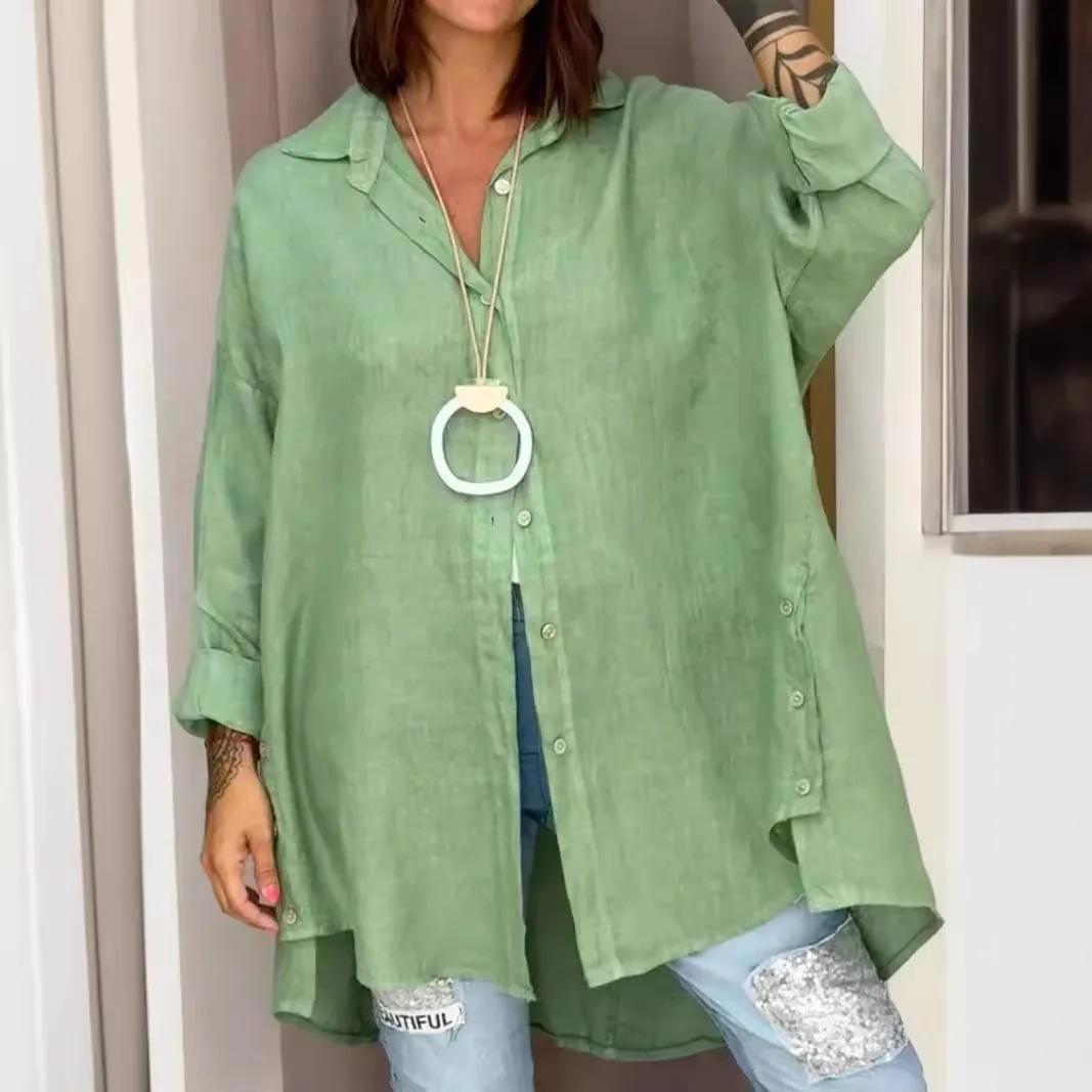 

Amazon New 2026 European And American Cross-Border Summer Solid Color Women's Loose Regular Nine-Sleeve Cotton Linen Shirt