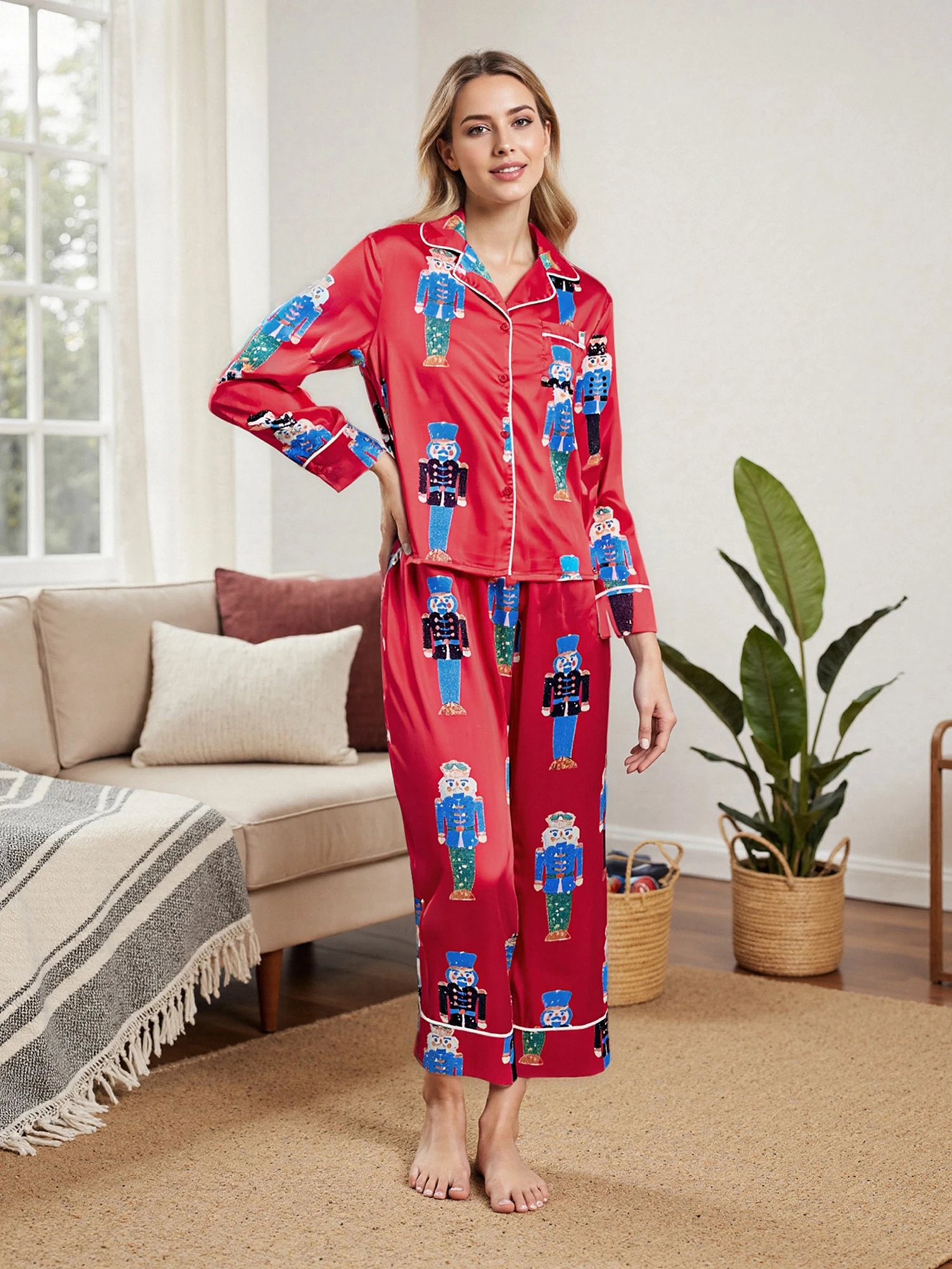 2026 عيد الميلاد الأحمر كسارة البندق طباعة بيجامة مجموعة المرأة طباعة المتسكعون ملابس المنزل المريحة طويلة الأكمام ملابس خاصة الزي #4
