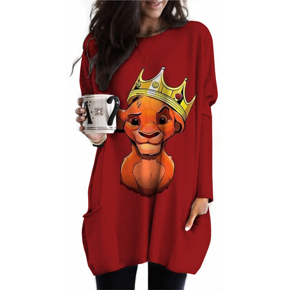 Simple Disney Lion King Simba print Women's Regular casual colored cotton long sleeved T-shirt With pocket Autumn long T-shirt