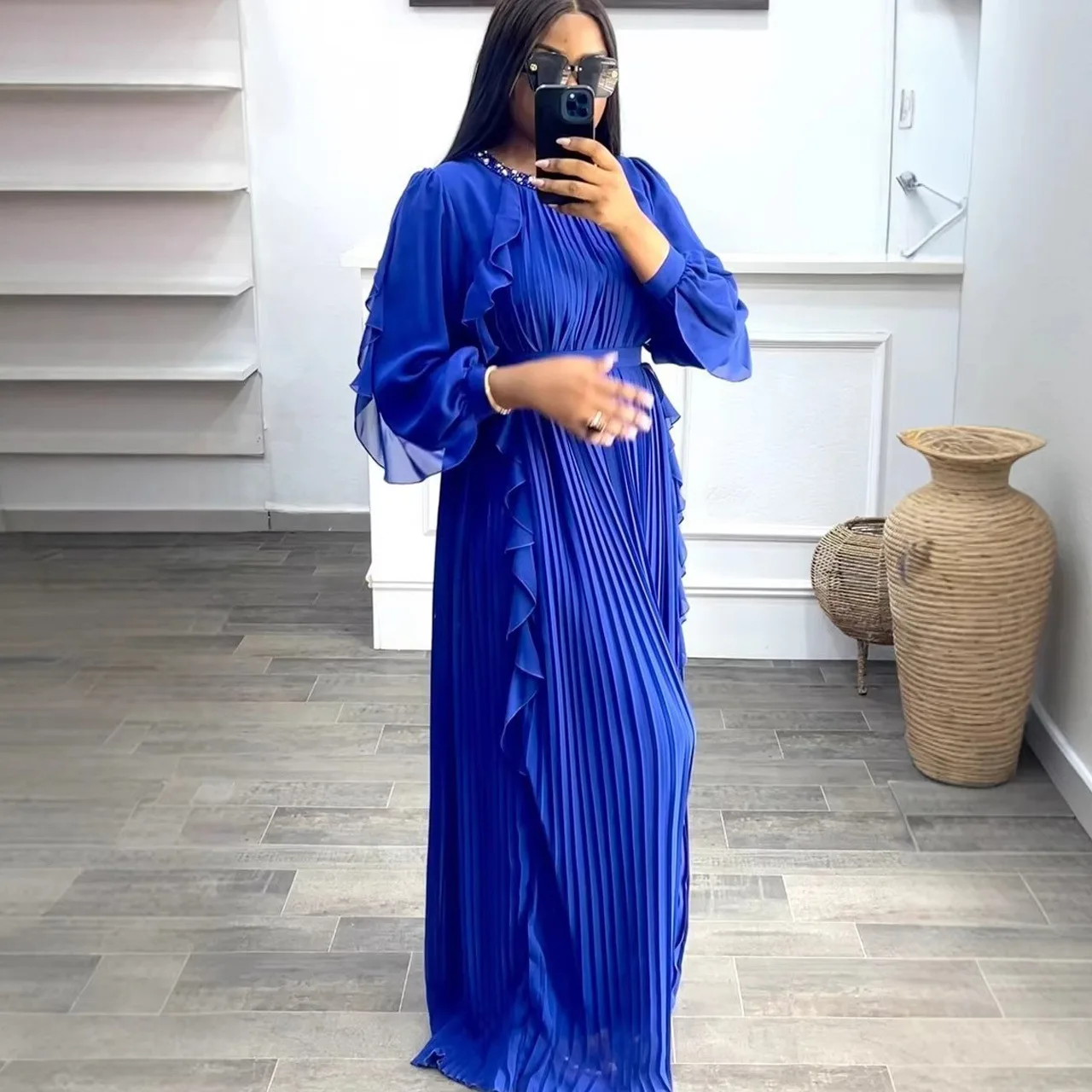 

Africa Clothing Chiffon Pleated Dress O Neck Beading Puff Sleeve Ruffled Belt Loose Stylish Party Church Evening Occasions Gowns