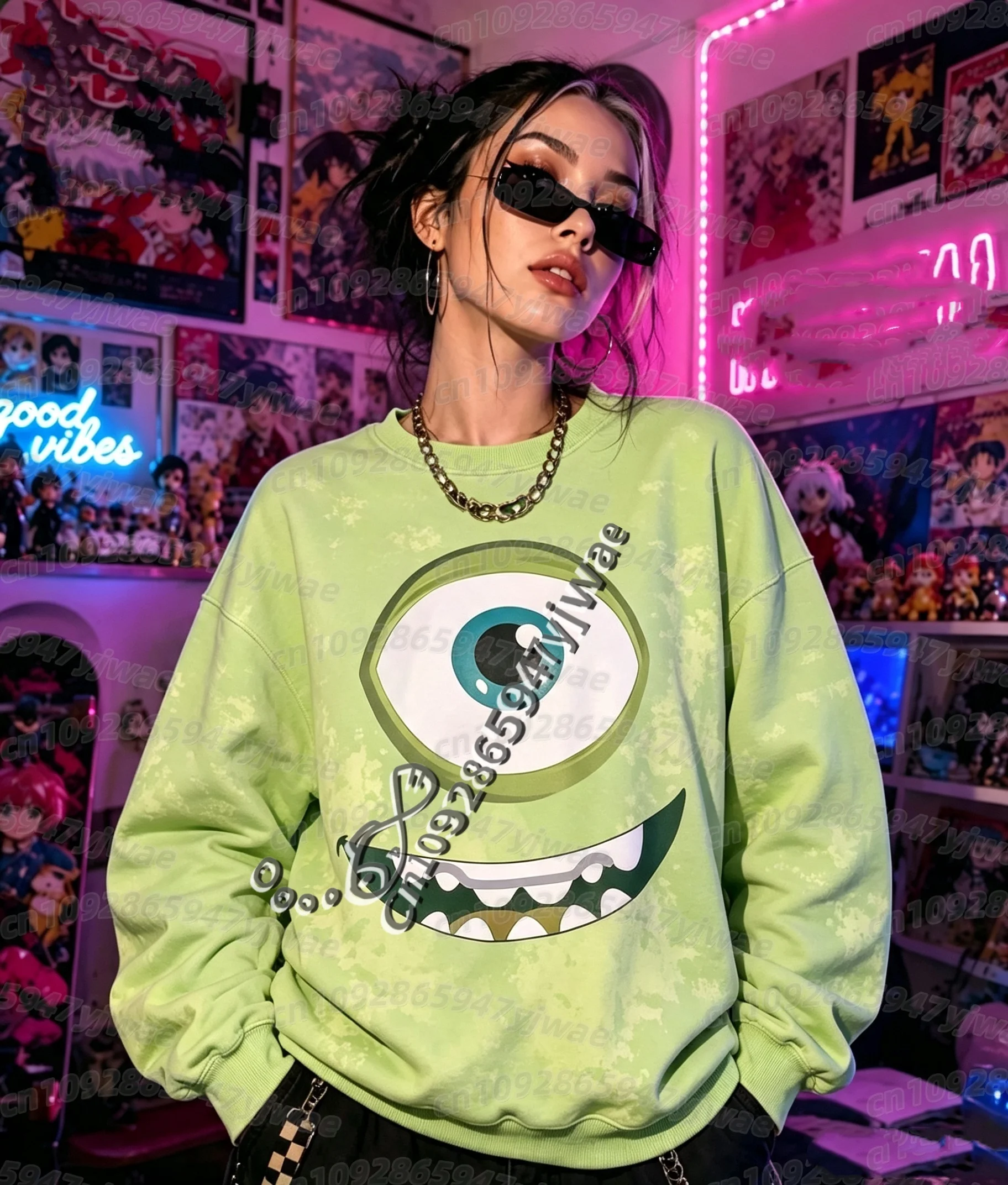 26 Herbst-Winter Damen Lustiger Großaugen-Monster-Print Langarm Unisex Cartoon-Sweatshirt O-Ausschnitt Pullover Damen Hoodies – Detail 9