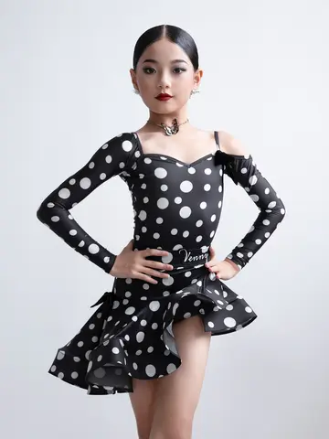 VENNY vestido de baile latino para niñas y niños, nuevo vestido de baile profesional de lunares de manga larga, vestido de entrenamiento corporal separado