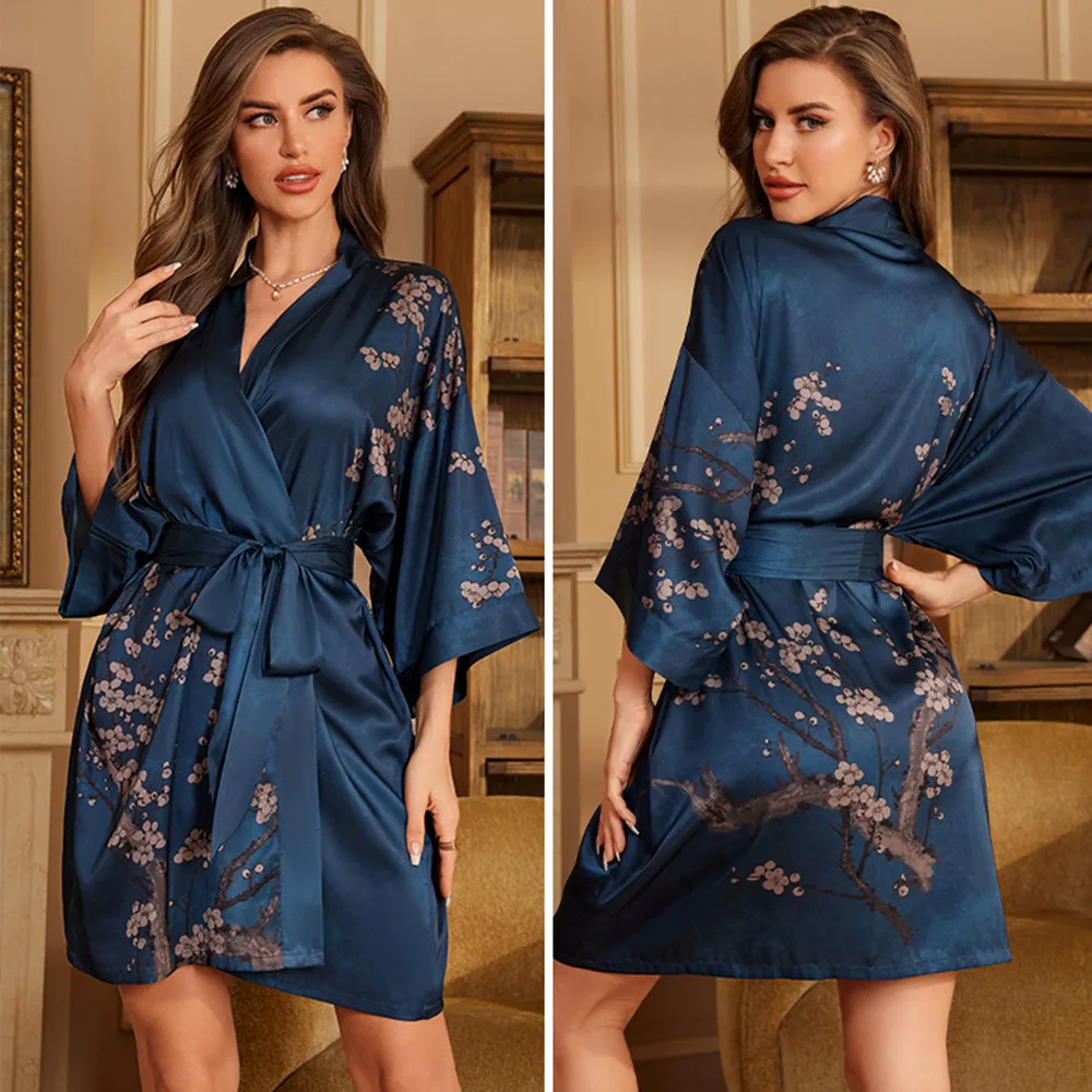 

Женский короткий халат, кимоно с коротким рукавом, удобная шелковистая атласная одежда для сна, повседневная ночная рубашка, домашнее платье