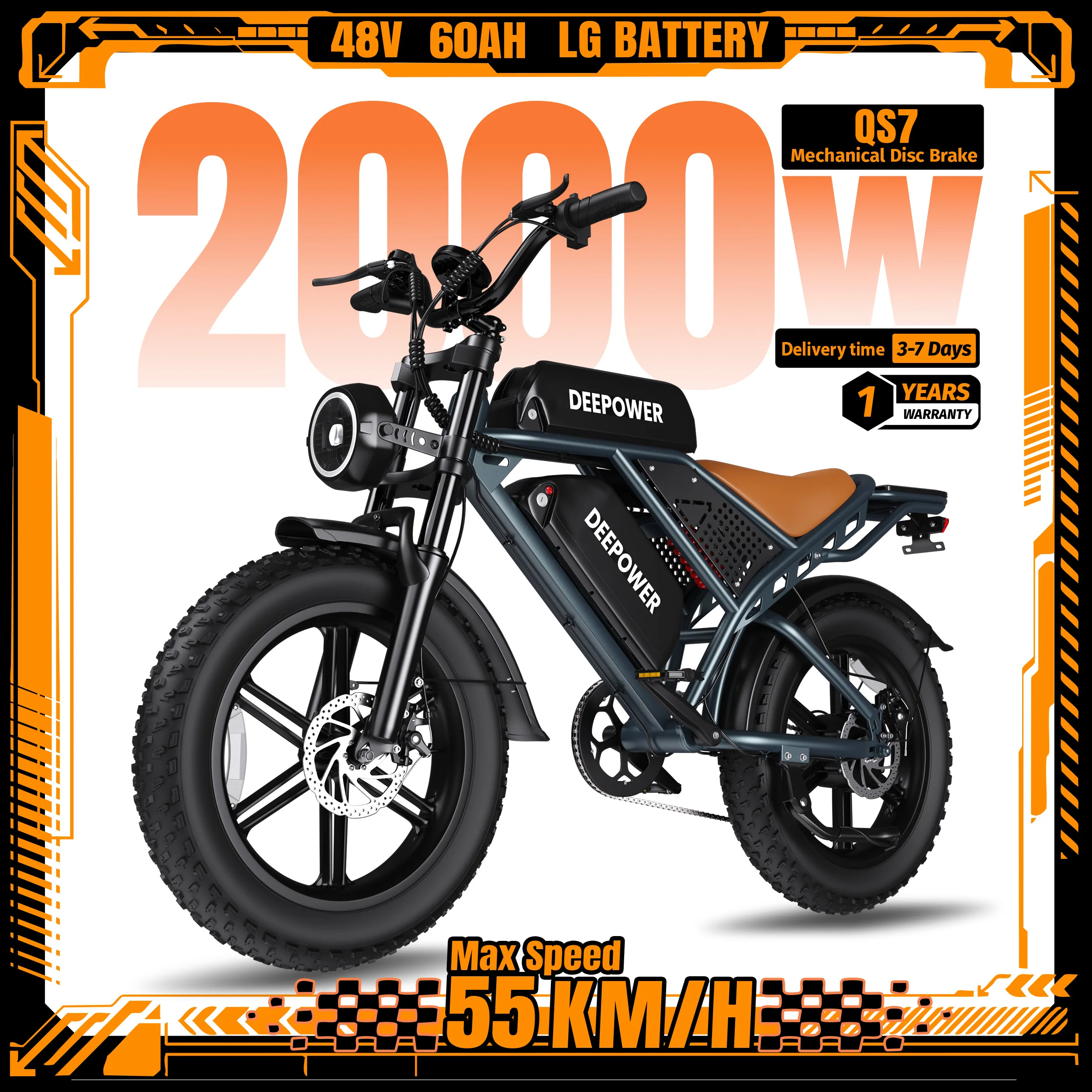 DEEPOWER QS7 Off-Road Electric Bike for 2000W Motor 48V 60AH LG Battery Adults Mountain Ebike All-Terrain Motorcycle Style