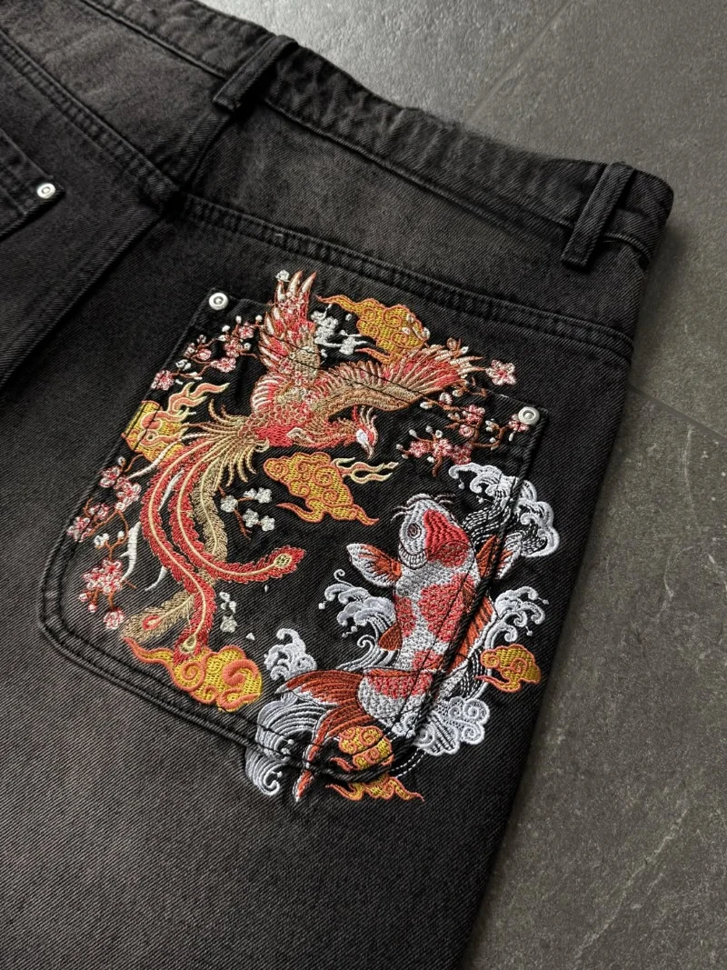 

Y2K Retro Harajuku Embroidered Baggy Jeans Vintage Japanese Phoenix Koi Streetwear High Street Loose Wide Leg Black Denim Pants