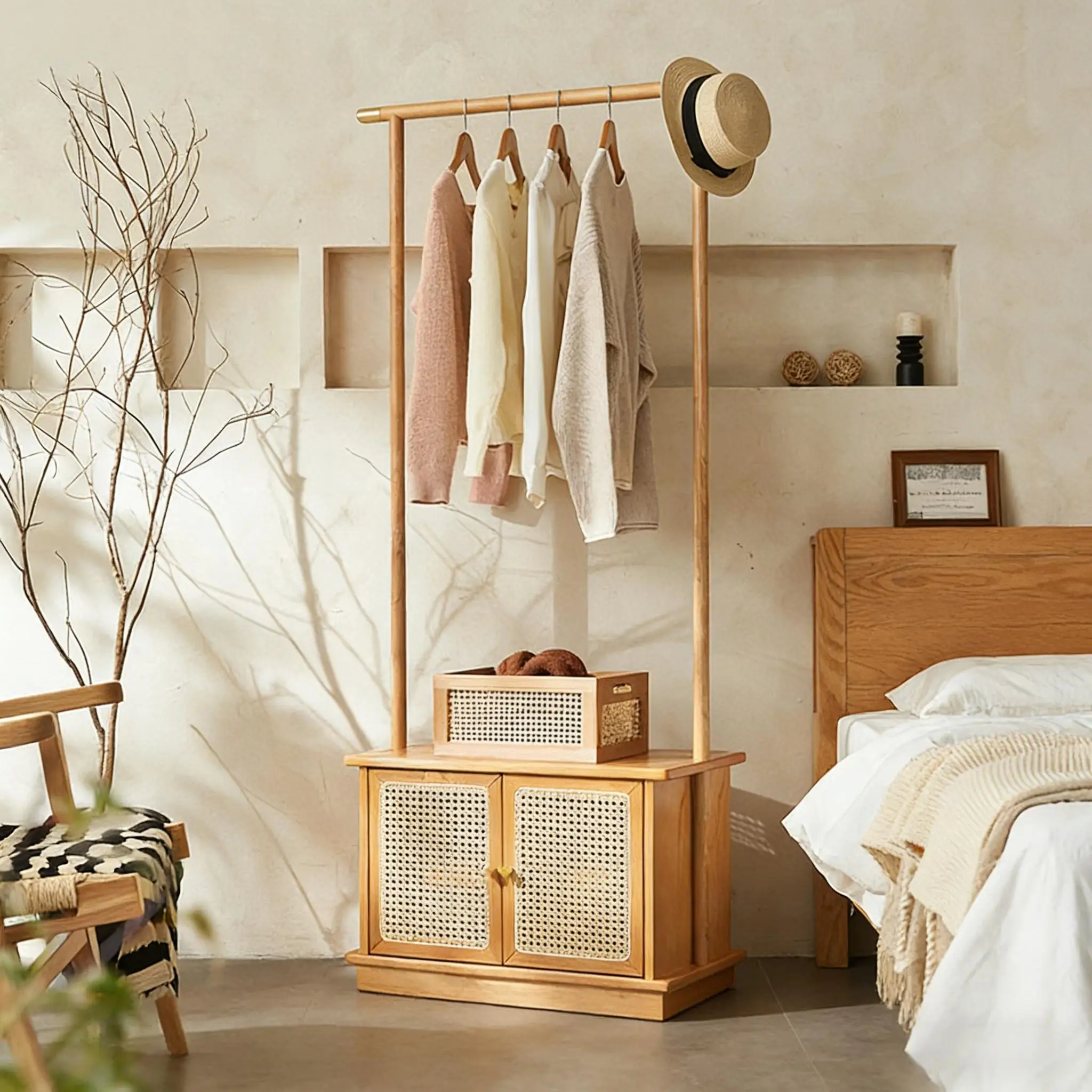 Rattan-woven Solid Wood Floor-standing Coat Rack Bedroom Use Wabi-sabi Style Multi-functional