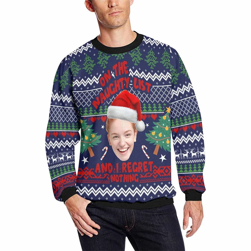 3D Printed Christmas Funny Portrait Sweatshirt For Men Personalized Customization Pattern Pullovers O-Neck Long Sleeve Hoodies
