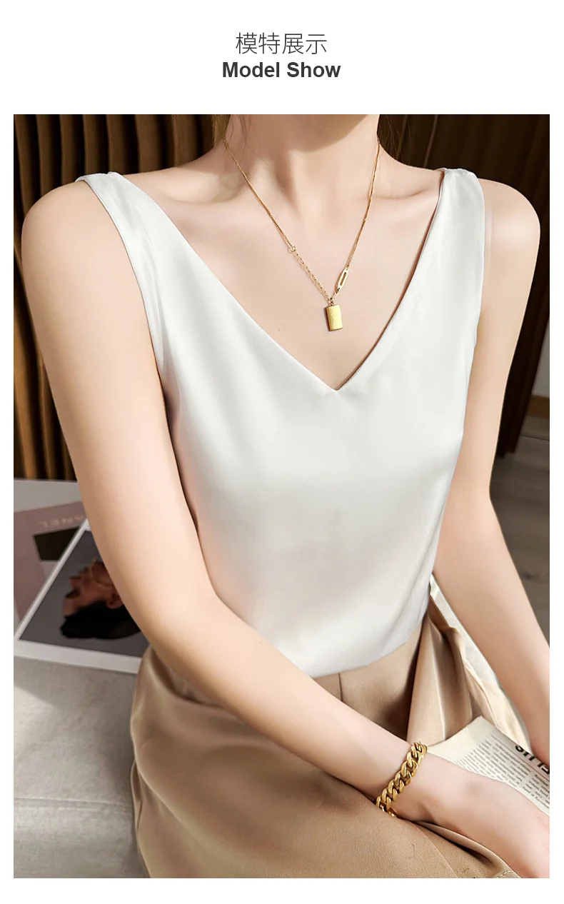 Seidensatin-Damen-Tanktop mit doppelter Schulterpartie, V-Ausschnitt, ärmelloses Top, T-Shirt, elegantes Crop-Top, solide, lässig, Basic, 2025, Sommer – Detail 12