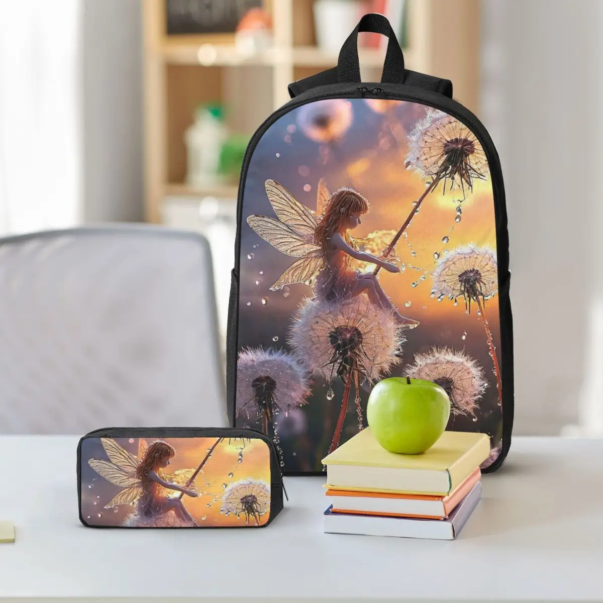 Dandelion Flower Watercolor Elf Girl Backpack Boys Girls BookBag School Bag Shoulder Bags 3ps Insulated Lunch Bag Pencil Case