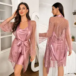 White 2Pcs Robe Set Women Sexy Lace Nightdress Mesh Bathrobe Summer New Homewear Wedding Party Loungewear Satin Sleepwear