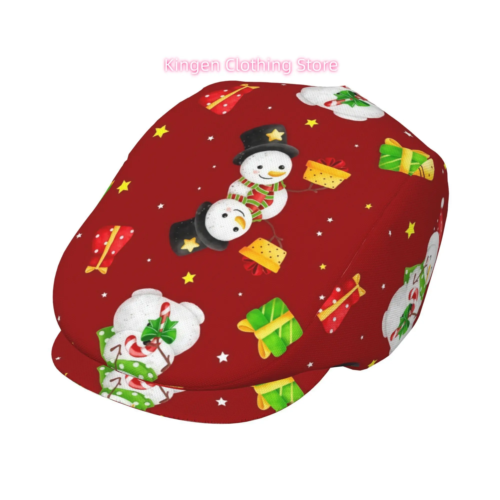 2D Flat - Men'S Beret Hat Featuring a Red Christmas Design with Snowmen And Gifts, Made of Adjustable Polyester. Also Available