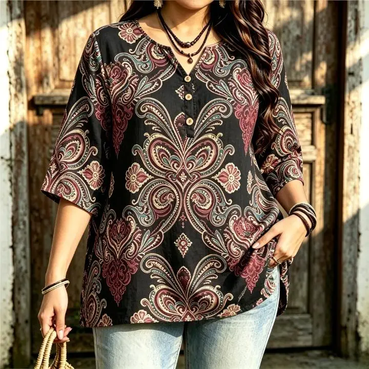Women All‑Over Vintage Paisley Ethnic Print Blouse Notched Neck 3/4 Sleeve Loose Fit For Curvy Figures Daily Casual Ladies Tops
