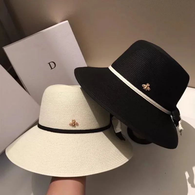 Women Summer Fine Grass Straw Bucket Hat Celebrity Bee Pattern Wide Brim Bowknot Outdoor Sun Hat