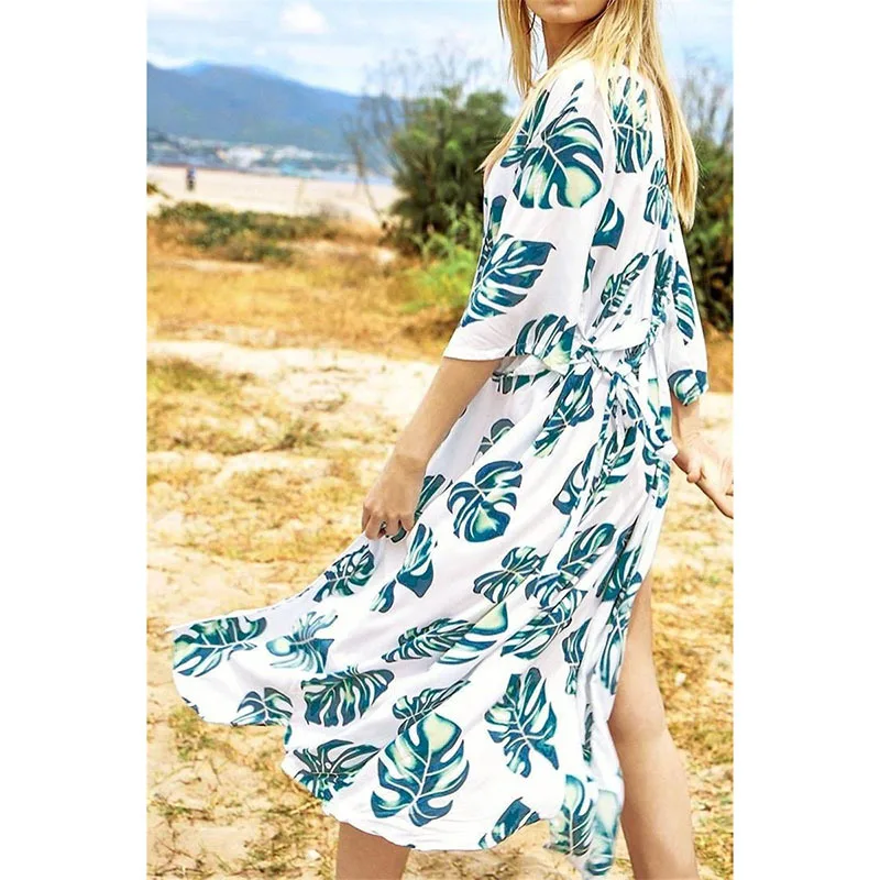 Vintage أوراق الاستوائية طباعة بيكيني Cover طويلة تونك فستان شاطئ الصيف عادية أنيقة النساء ملابس الشاطئ