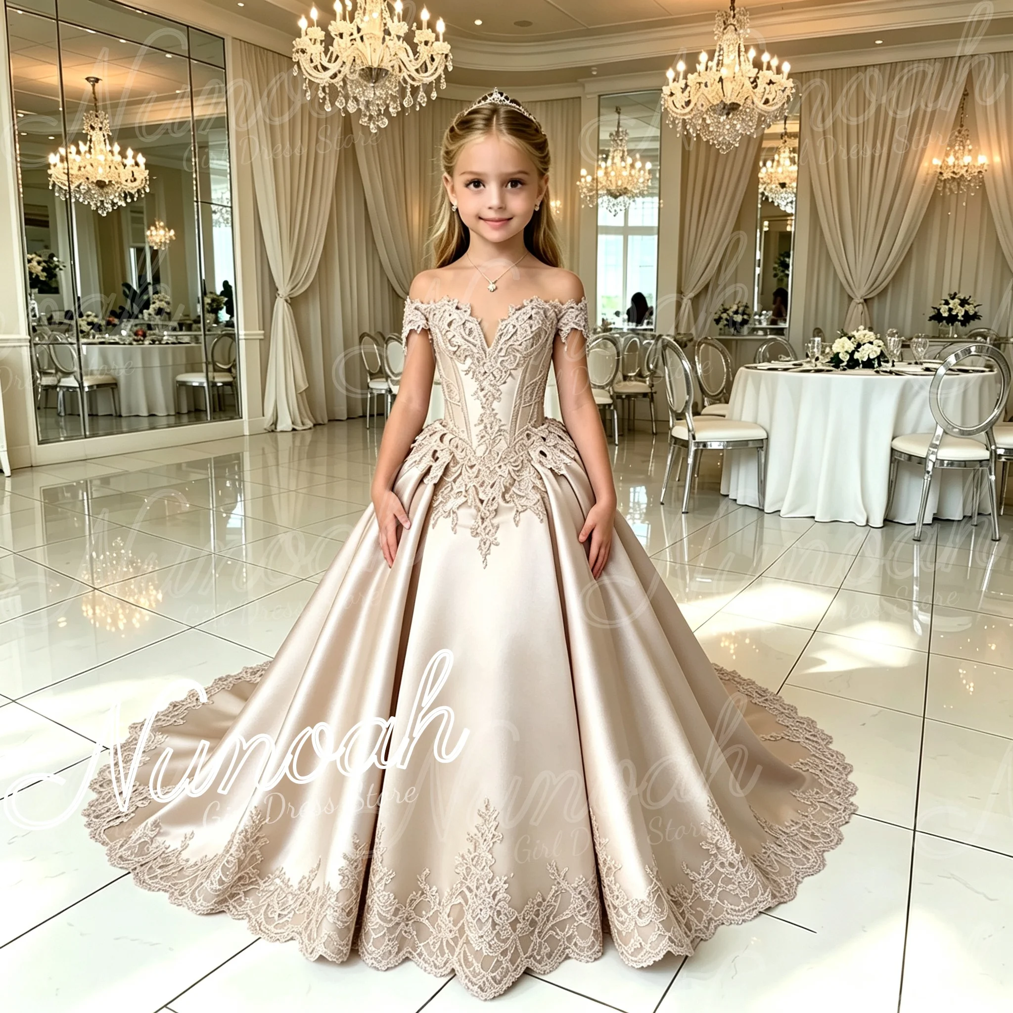 Off Shoulder Champagne Mermaid Flower Girl Dresses with Trail Lace Appliques Detachable Satin Kids Pageant Gown Wedding Birthday