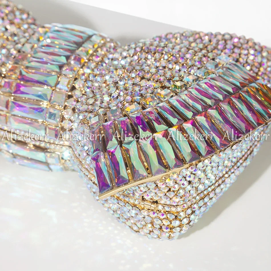 Alizekerr Crystal Bow Evening Clutch Purses Women Luxury Handmade Gorgeous Multicolor Rhinestone Metallic Handbags Party Wedding