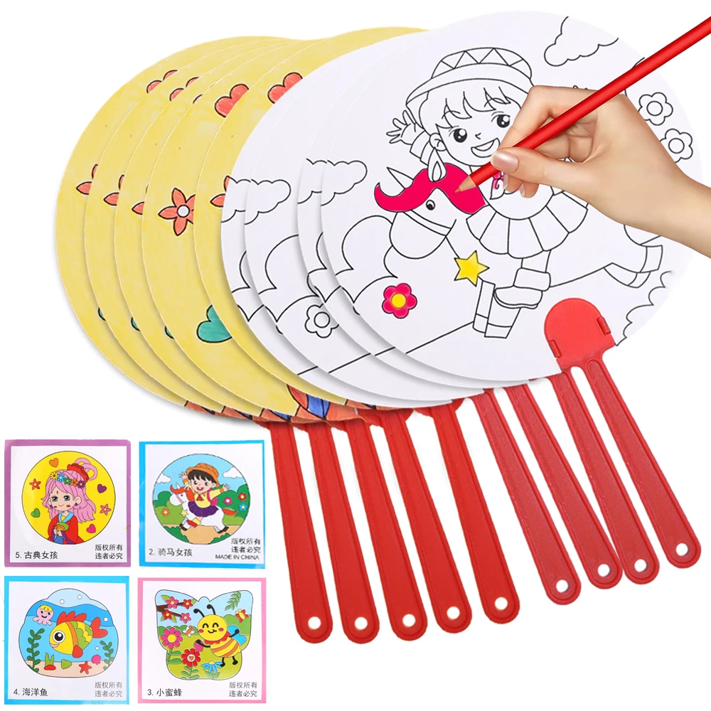 

Kids Handmade DIY Graffiti Fan Toys Hand-painted Blank Paper Fan Painting Cartoon Painted White Card Coloring Interactive Toys