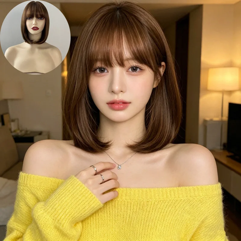 New wig with medium-long hair style, vintage high-layered collarbone bob short hair, machine-made synthetic fiber headpiece