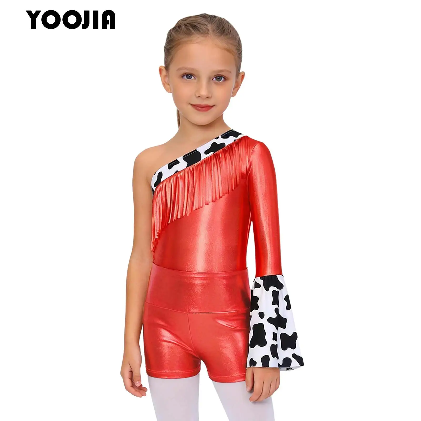 Girls Western Cowgirl Costume Disco Party Metallic Hip Hop Jazz Dance Outfit Shiny Long Flare Sleeve Leotard Jumpsuit And Shorts