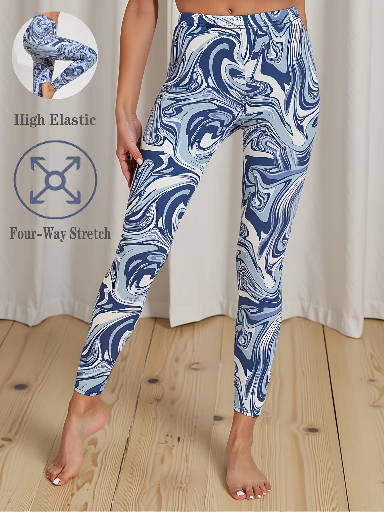 Women Mid‑Rise Fleece Lined Leggings Blue White Marble Swirl Print Warm 4‑Way Stretch Casual Winter Pants