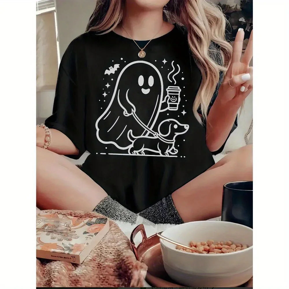 تي شيرت نسائي برسومات المرح والكلاب - تي شيرت كاجوال بأكمام قصيرة ورقبة دائرية، مزيج بوليستر مسامي، قابل للغسل في الغسالة