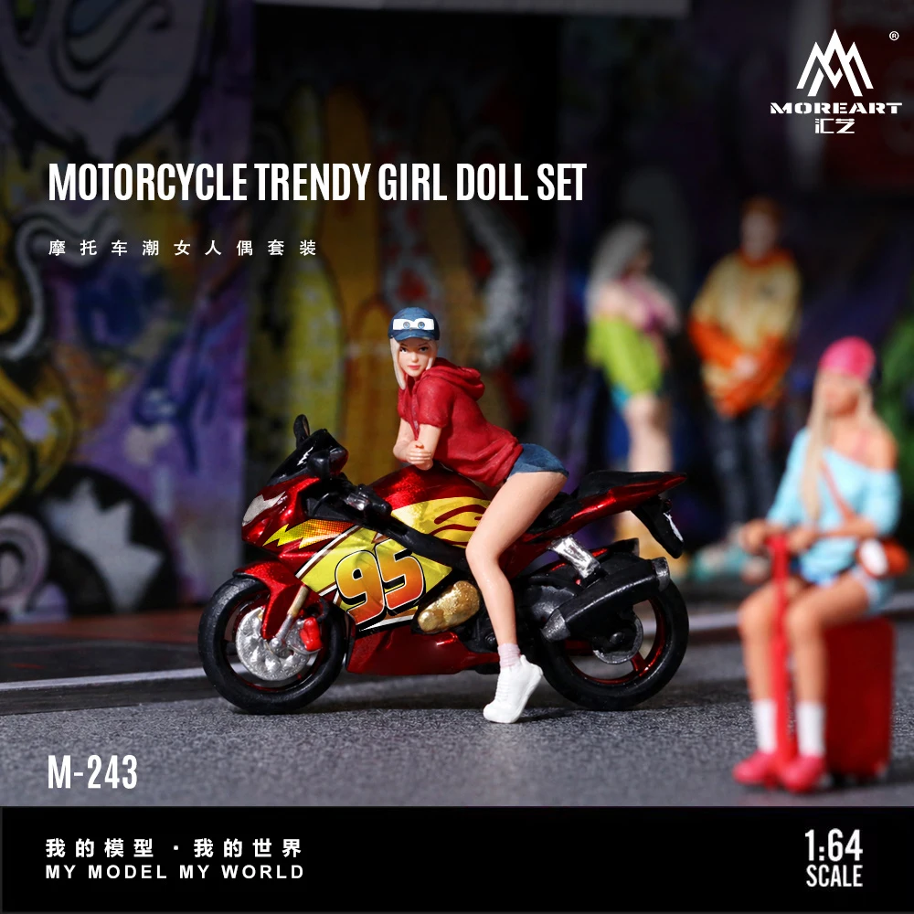 MoreArt 1:64 Resin Model Motorcycle Lightning Red Trendy Girl Figure Set Mini Scene Collectible Doll