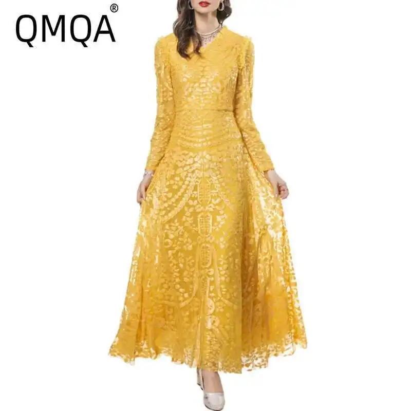 QMQA Fashion Women's Evening Dress Yellow Sequins Spliced V-neck Long Sleeve Elegant Banquet Dresses 2025 Spring New QM297