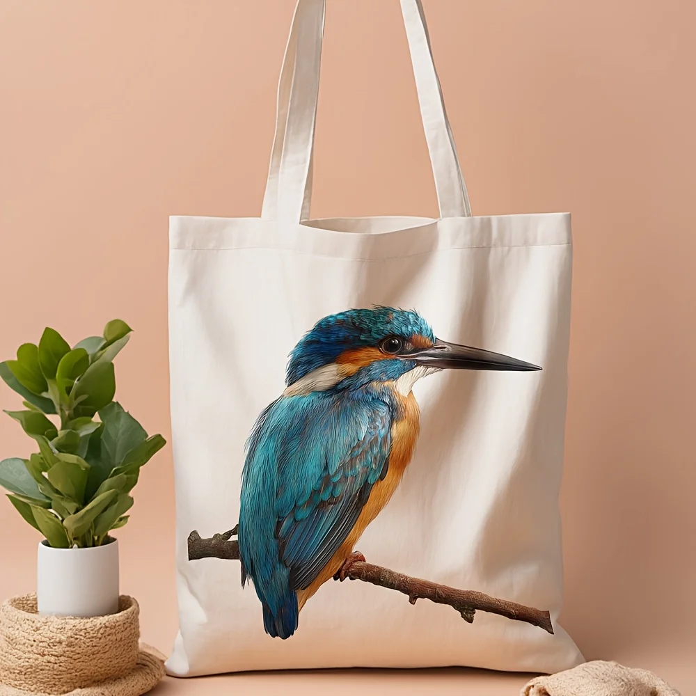 A Kingfisher Pattern printed canvas tote bag, suitable for daily use, shopping, school, and travel