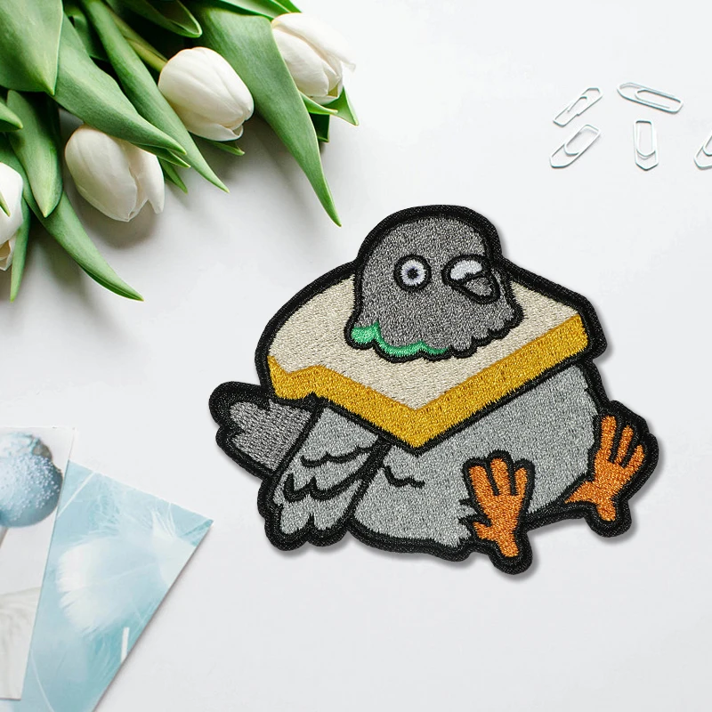 1PC Dove With Toast Embroidered Patch Iron On Sew On Patches For Clothing Cap Bag Jacket DIY Gift Humor Badge With Hot Adhesive