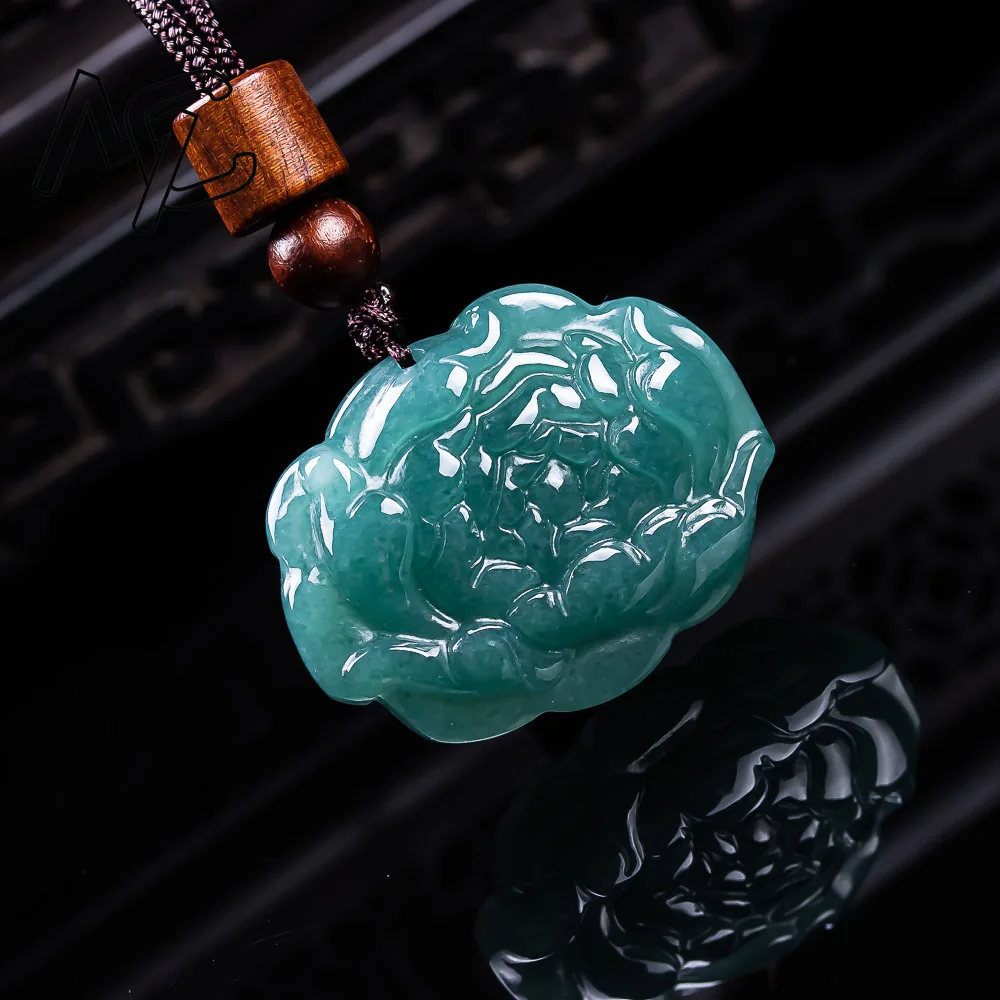 

Синий водный нефрит, натуральный изумруд, кулон в виде цветка лотоса, ожерелье, настоящий резной шарм, ювелирные изделия из жадеита, модный шарм, амулет, подарки