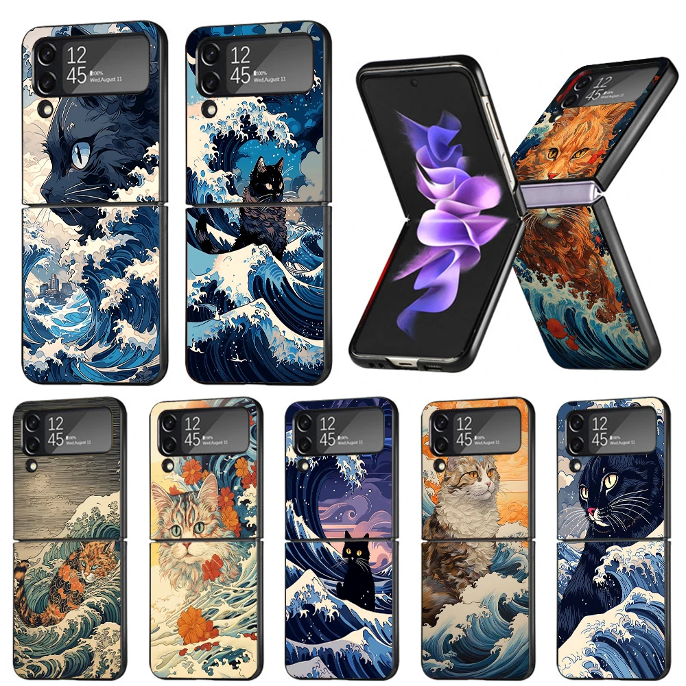 Anime Cat Sea Wave Aesthetic Hard PC Phone Case For Samsung Galaxy Z Flip6 Flip5 Flip4 Black Cover Z Flip 6 5 4 3 5G Shockproof 