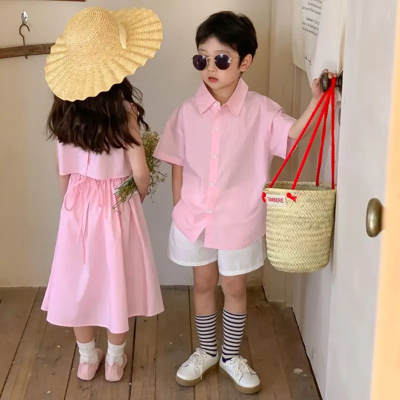 

Summer Korean Siblings Clothes Set Cotton Pink Polo Shirt+white Shorts Outfit Kid Baby Girl Sleeveless Dress Brother Sister Suit