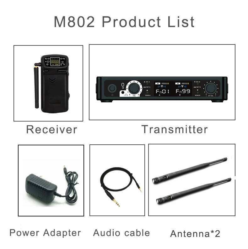 

Professional Stereo UHF Vocal Stage Instrument Monitor System M802 Ear-in Ear Wireless Monitor Metal Plastic