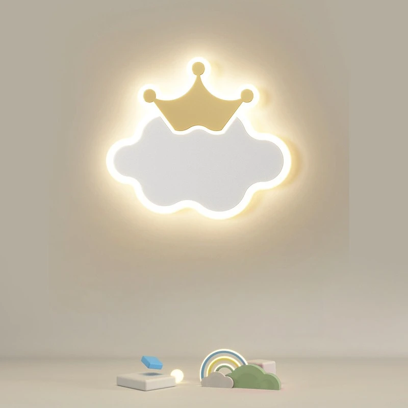 Modern Minimalist Cream Wrought Iron Cloud Crown Wall Lamp Bedside Background Study Warm Male and Female Children's Room Lightin