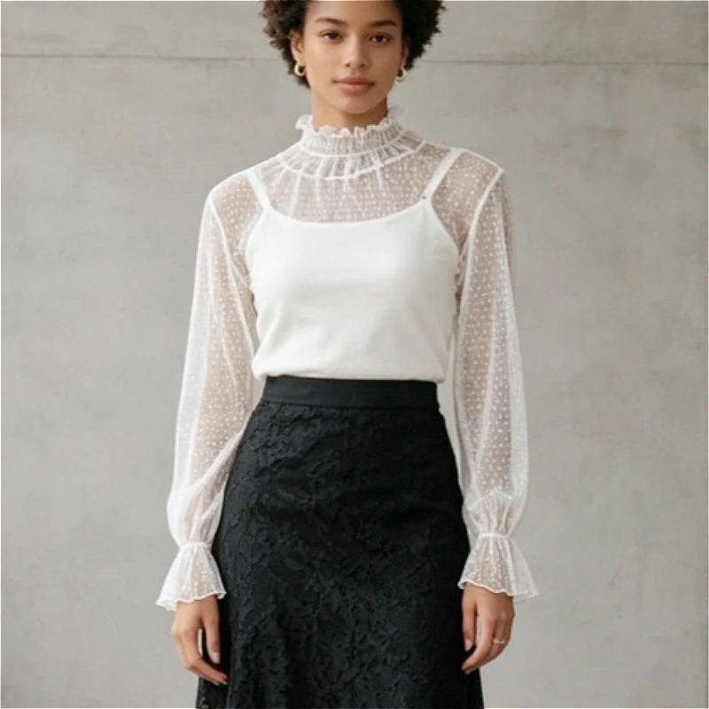 Lace Trim Shirt Women Bridal Wedding Guest Ceremony Bride Attend Pearl Ruffle Neck High Collar Full Sleeve Sheer Mesh Queen