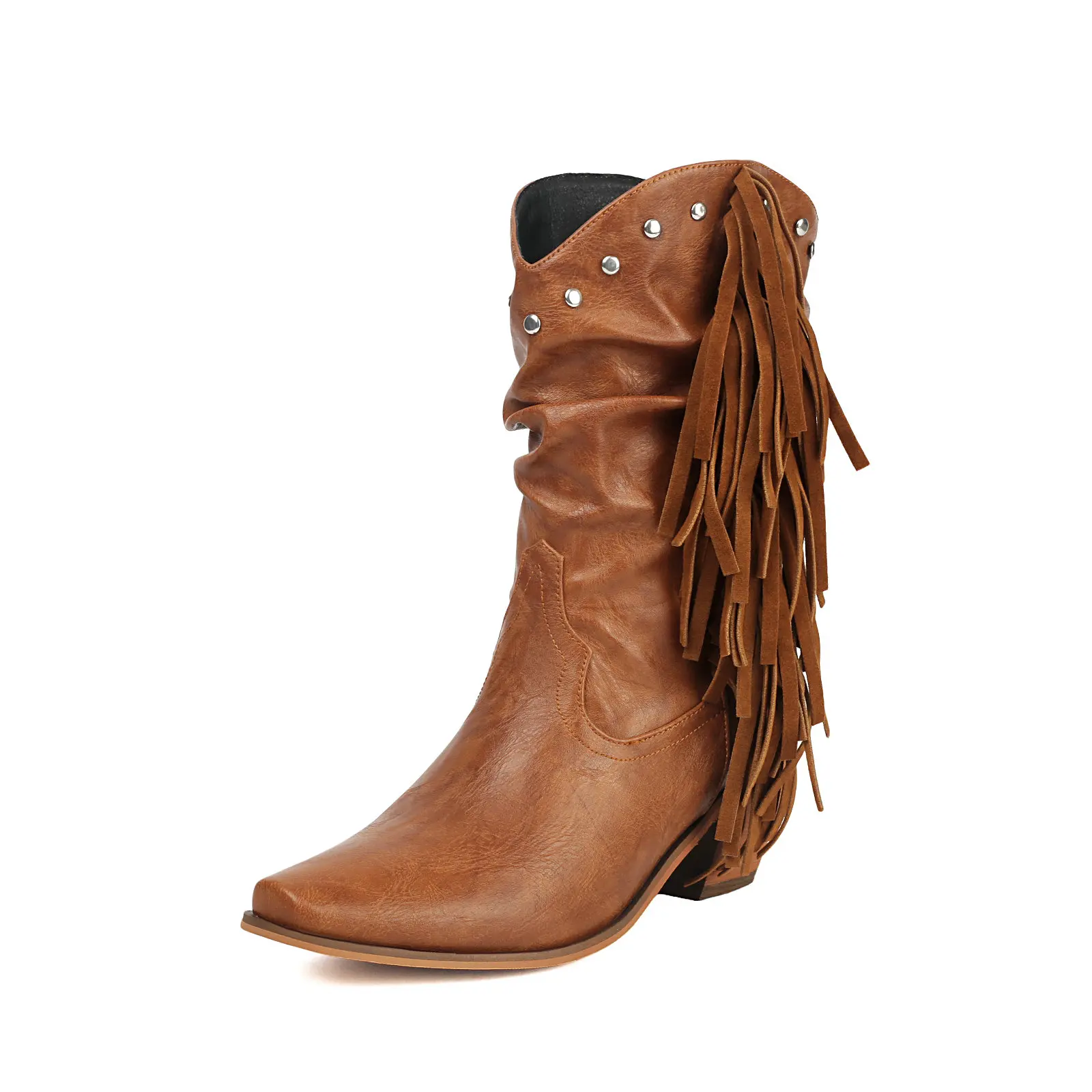 

Cowboy Fringe Western Slouchy Boots with Rivets Tassels for Women Chunky Heels Dance Shoes Cowgirl Wide Calves Footwear