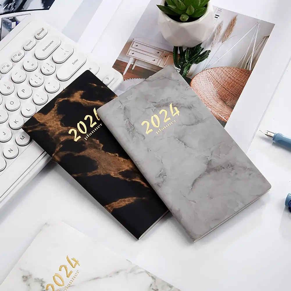 인조 가죽 하드 커버 리본 휴대용 플래너, 두꺼운 종이 북마크, 학생용 주간 일정, 2024 A6 영어 플래너