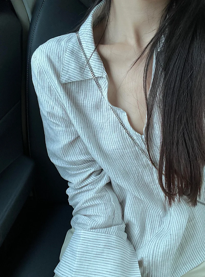 Women Zip Striped Shirt Spring Summer Stylish Blouse Thin Casual Cardigan Top