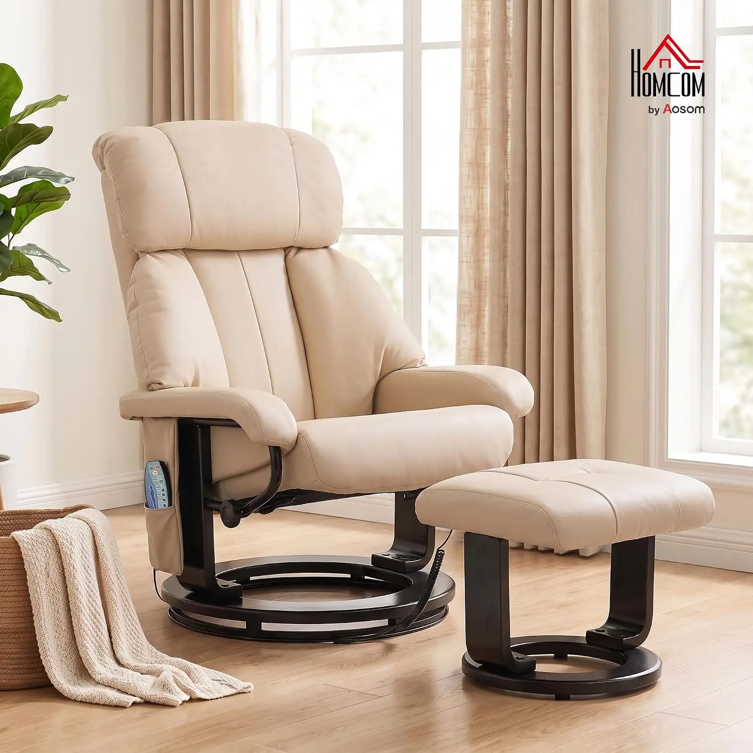 Massage Recliner Chair with Ottoman, 360° Swivel Footstool, 10-Point Vibration, PU Leather, Remote Control, Beige, Customized