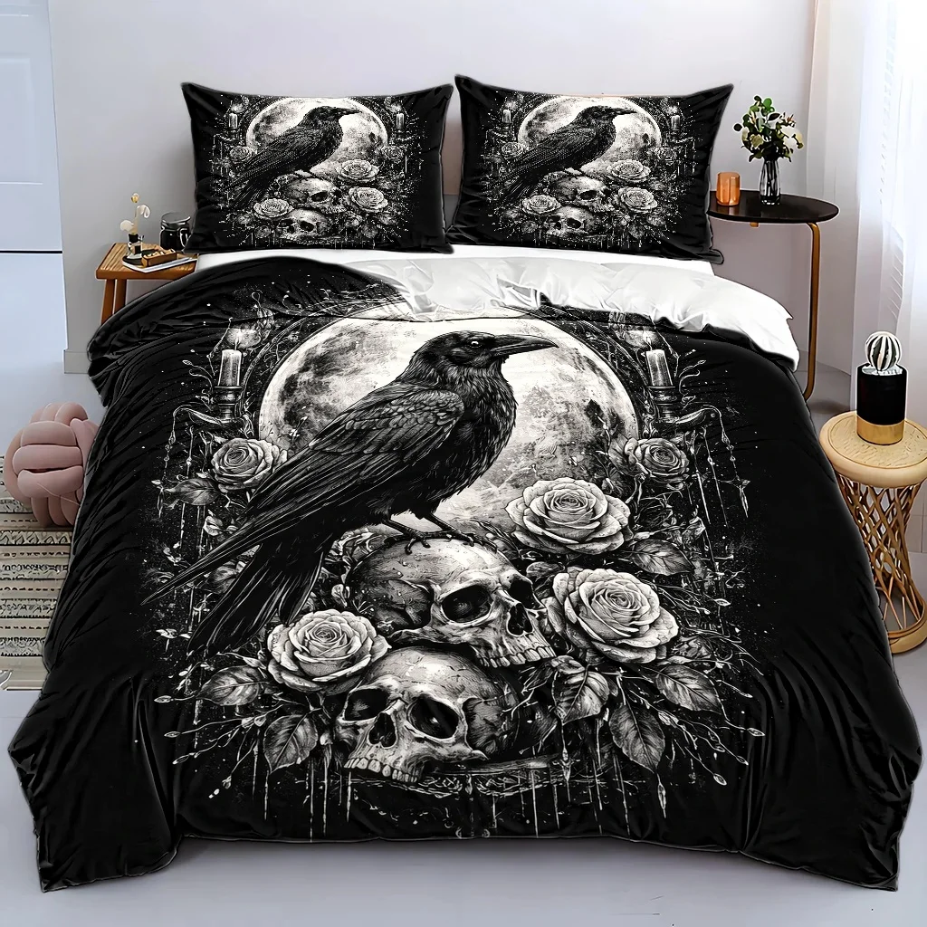 3Pc Gothic Duvet Cover Set Raven Skull Rose Print Bedding Set with Invisible Zipper Machine Washable for Bedroom Dormitory