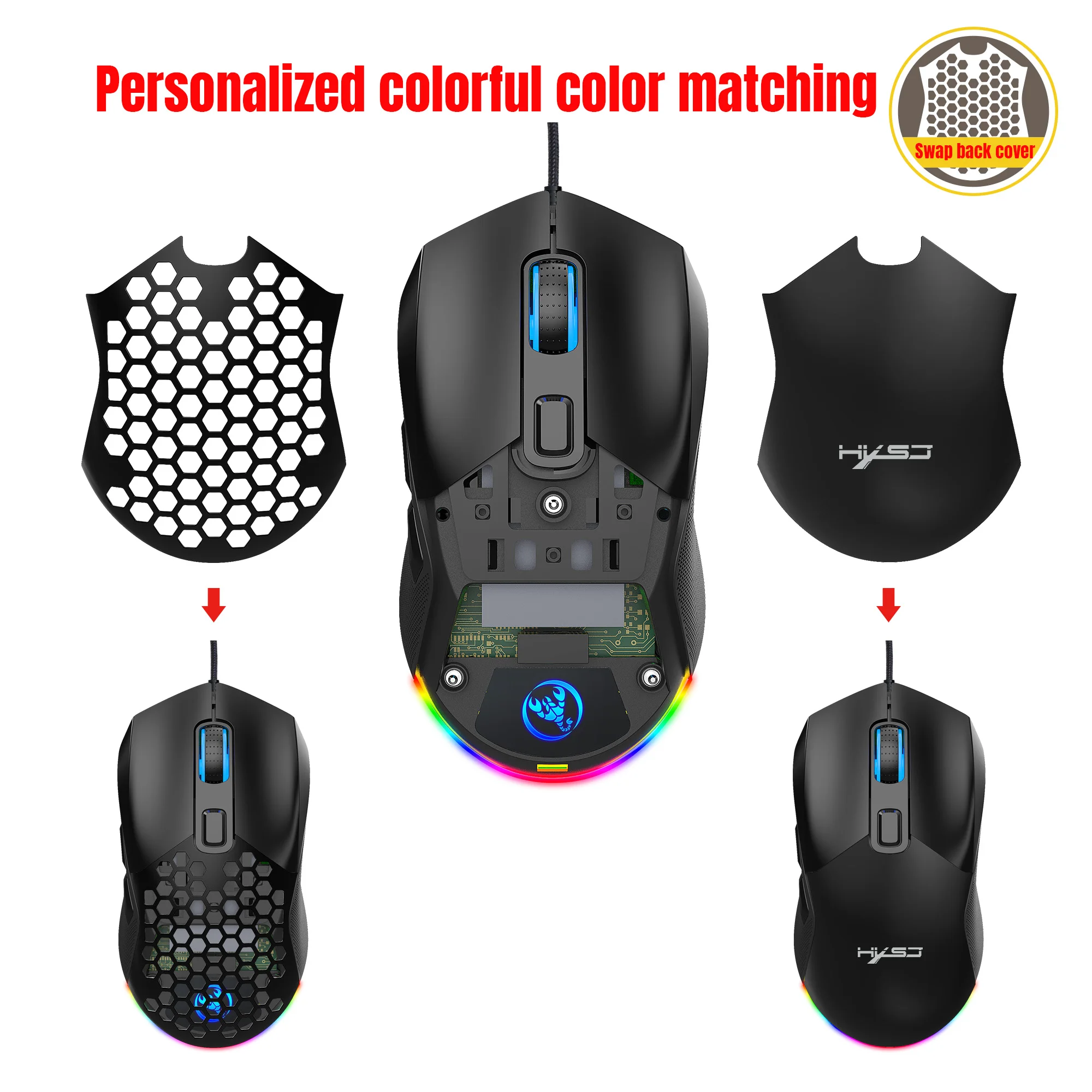Gaming Mouse RGB Backlit Braid 7200CPI Adjustable Back Cover Replaceable Home Optical USB Wired  Game Mouse