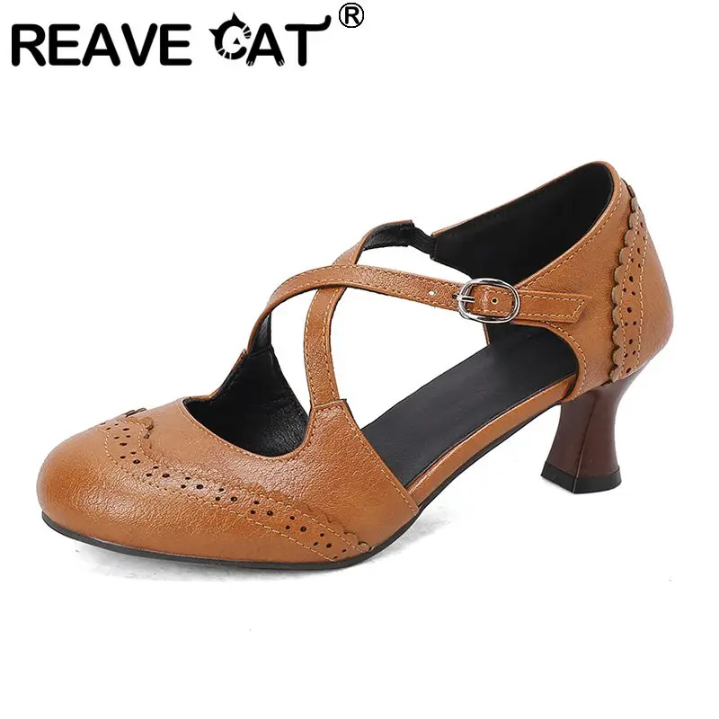 REAVE CAT Vintage Women Daily Pumps 32 33 Round Toe Strange Heels 6cm Buckle Strap Sweet Office Lady Shoes Large Size 48 49 50