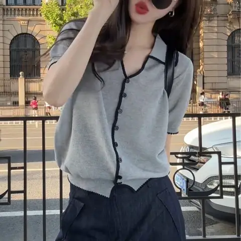 Knitted Sweater Women Cardigans Summer New Short Sleeve Turn Down Collar Knit Sweater Cardigan Women Tops Sueter Feminino Q4491