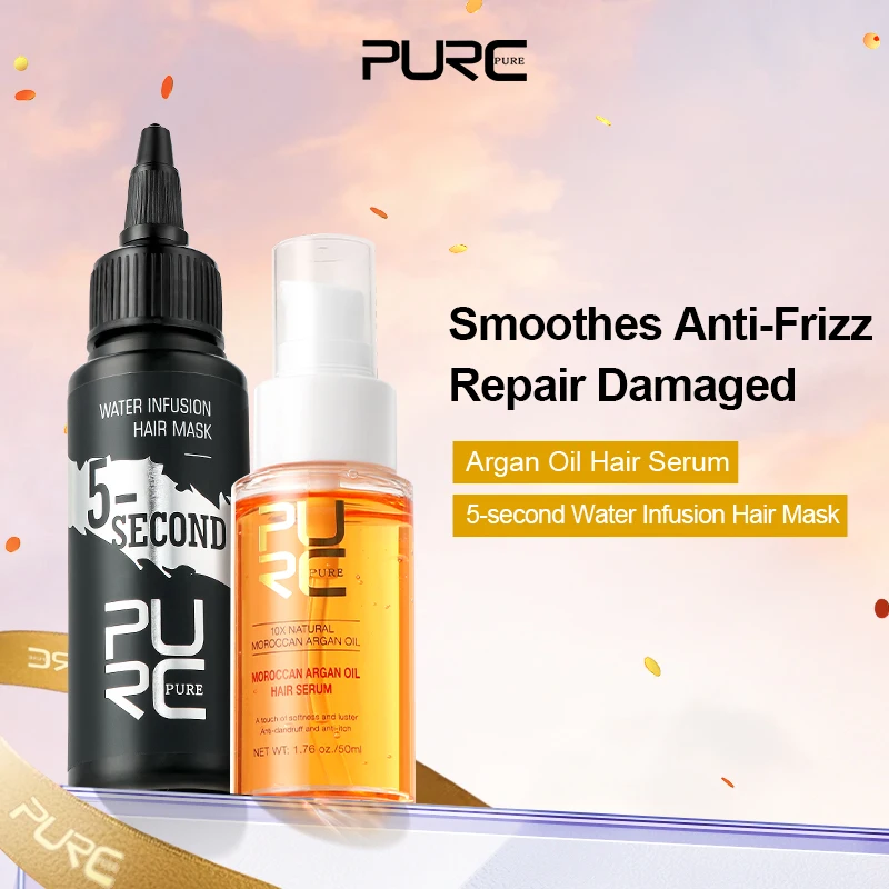 

PURC 5 Seconds Hair Mask & Moroccan Argan Oil Serum Professional Keratin Cream Hair Treatment Smoothing Straightening Hair Care