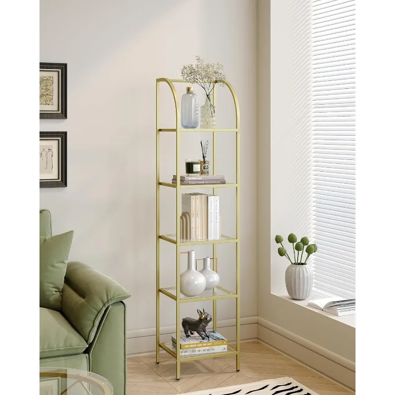 Bookcase Bookshelf,Tempered Glass Arched Bookshelf for More Storage,Slim Shelving Unit for Bedroom,Bathroom,Home Office,Gold