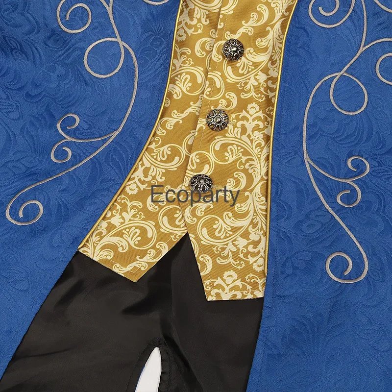 Mens Medieval Victorian Tuxedo Jacket Blue Jacquard Fabric Steampunk Prince Cosplay Costume Halloween Party Renaissance Overcoat