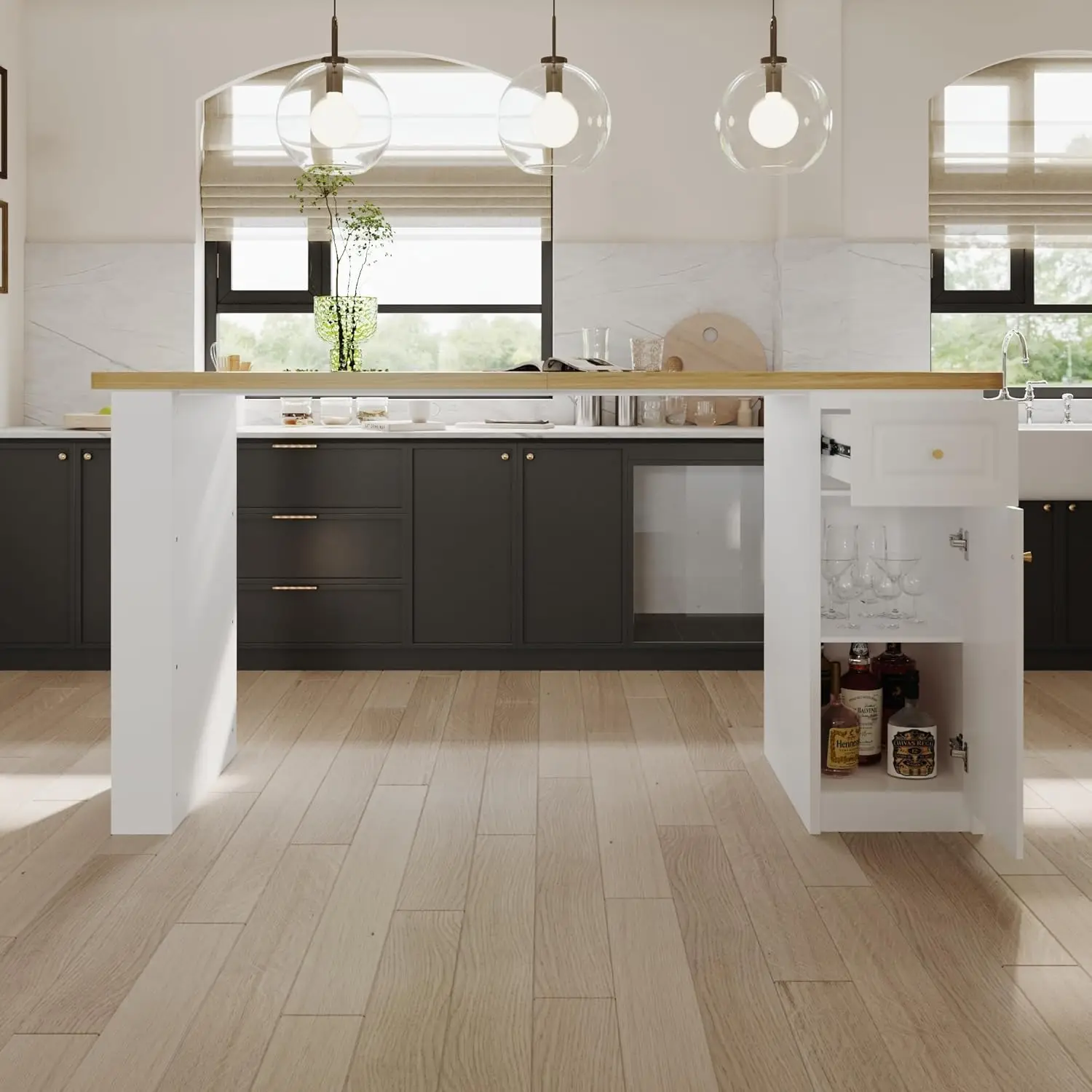 

Kitchen Island with Storage, Farmhouse Stationary Kitchen Islands with Drawer, Storage Rack & Adjustable Shelf, 82.7" W Island