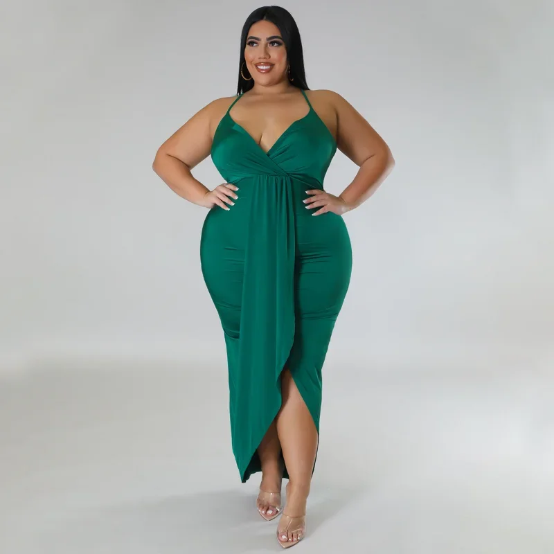 

KEXU Wrap Deep V-neck Ruched Spaghetti Strap High Side Slit Maxi Plus Size Women Dress Sexy Party Club Even Bodycon Dress