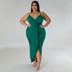 KEXU Wrap Deep V-neck Ruched Spaghetti Strap High Side Slit Maxi Plus Size Women Dress Sexy Party Club Even Bodycon Dress